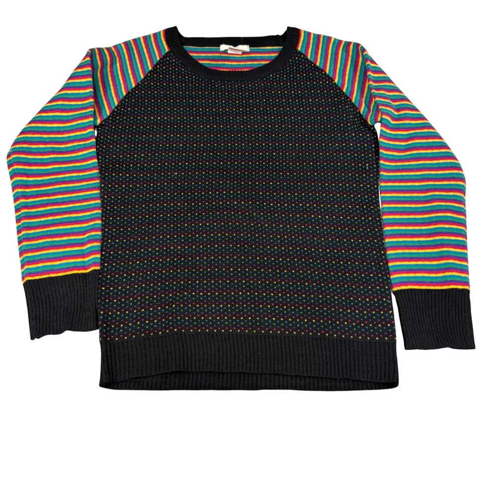 Tulle Womens Rainbow Striped Heart Knit Raglan Sweater‎ Black Crew Neck Medium